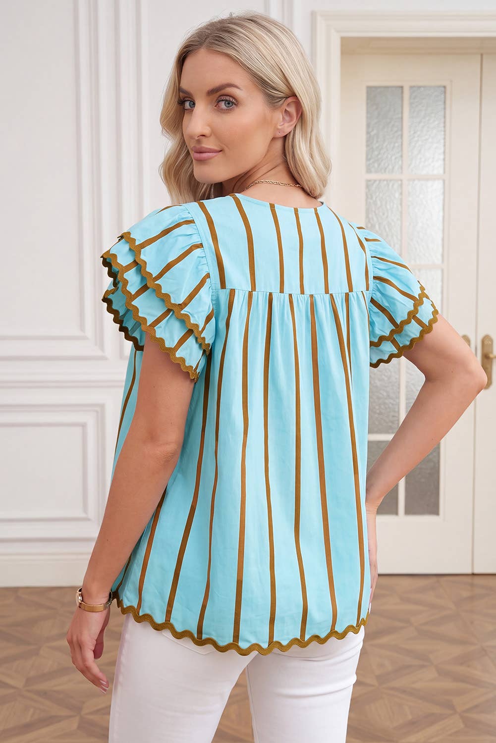Blue Scallop Trim Blouse
