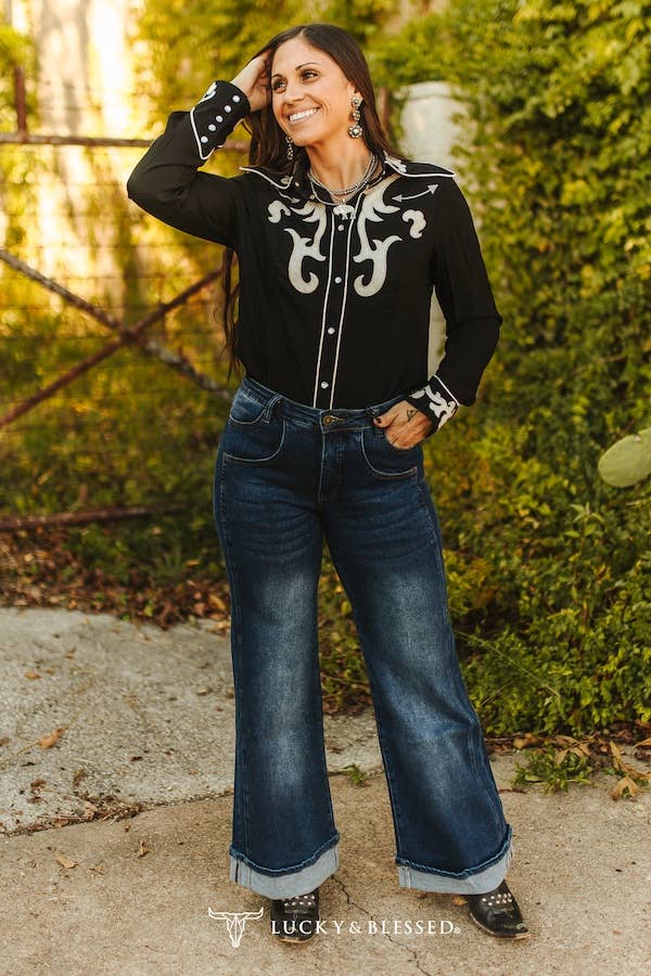 Dark Wash Cuffed Wide Jeans