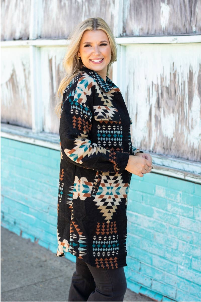 WESTERN AZTEC PATTERN LONG JACKET- Black