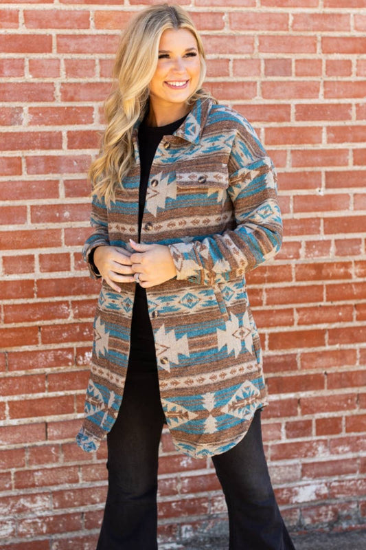 WESTERN AZTEC PATTERN LONG JACKET- Tan