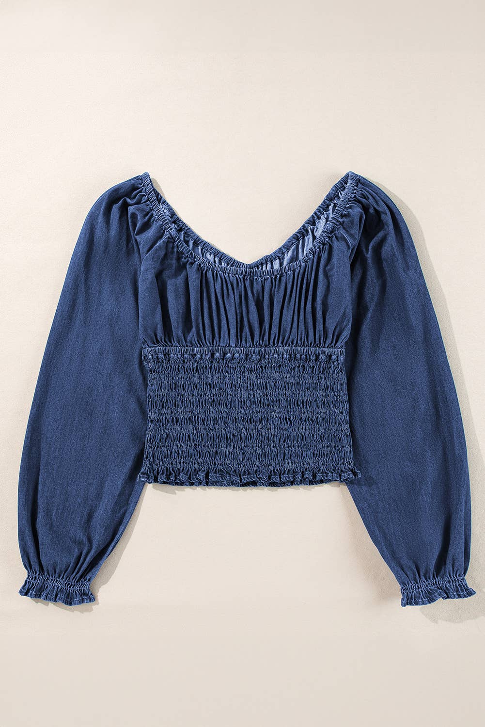 Smocked Ruffled Puff Sleeve V Neck Denim Blouse