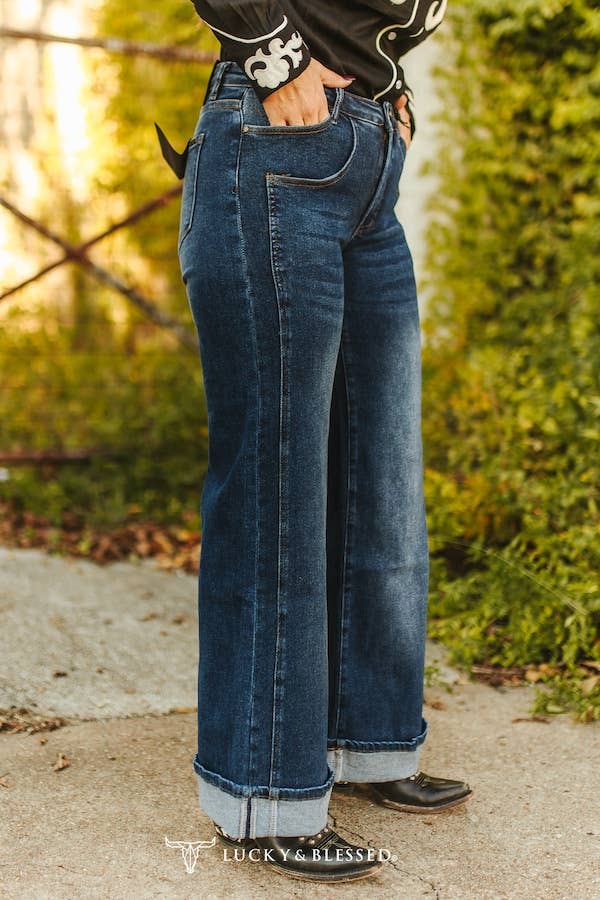 Dark Wash Cuffed Wide Jeans