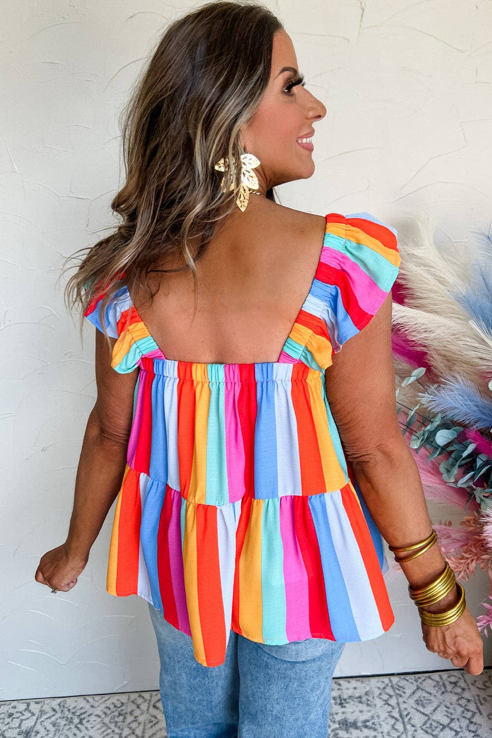 Stripe Ruffled Straps Tank