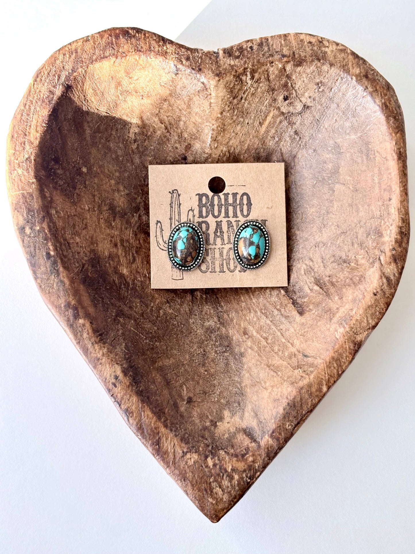 Western Style Oval Turquoise Stone Concho Stud Earrings