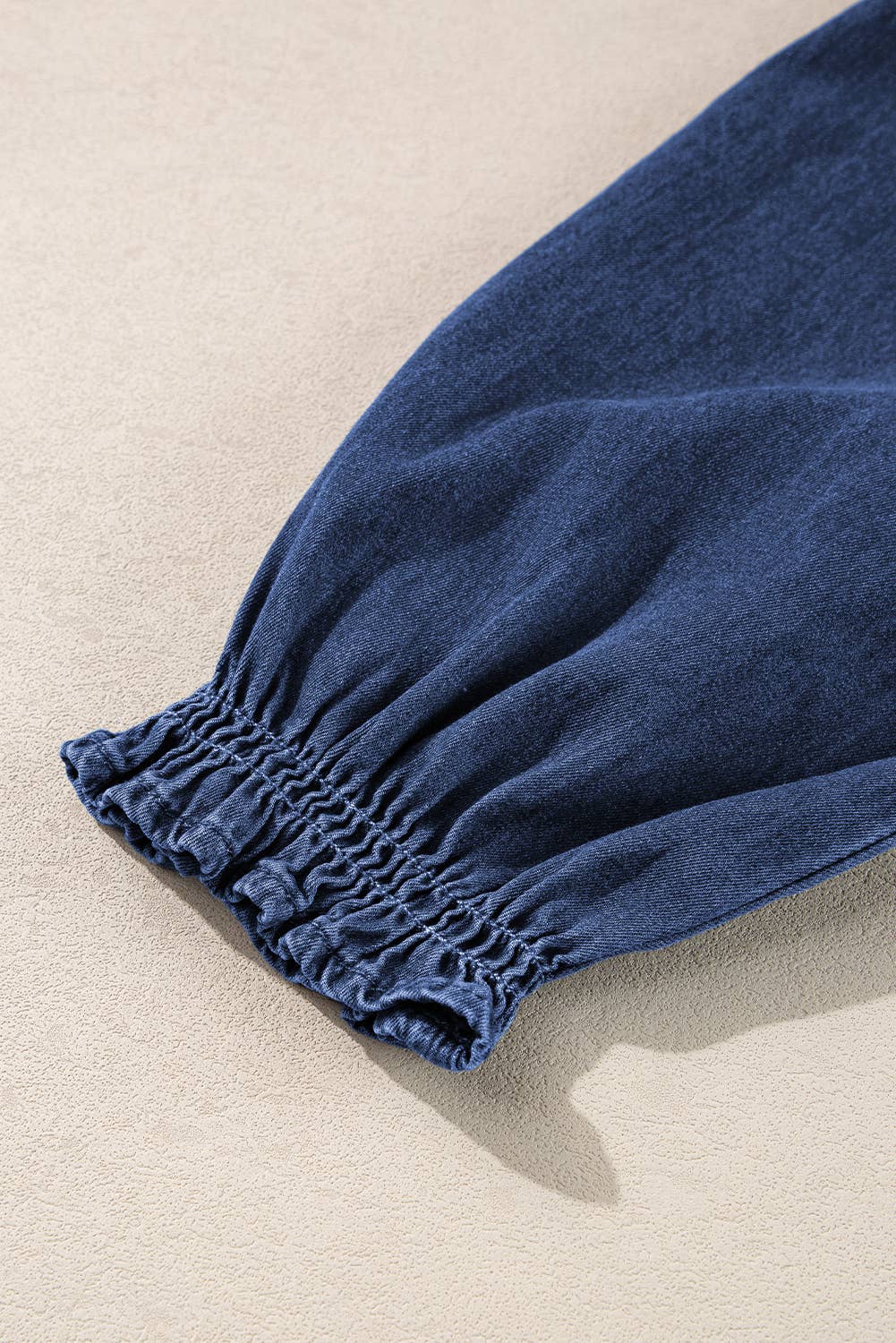 Smocked Ruffled Puff Sleeve V Neck Denim Blouse