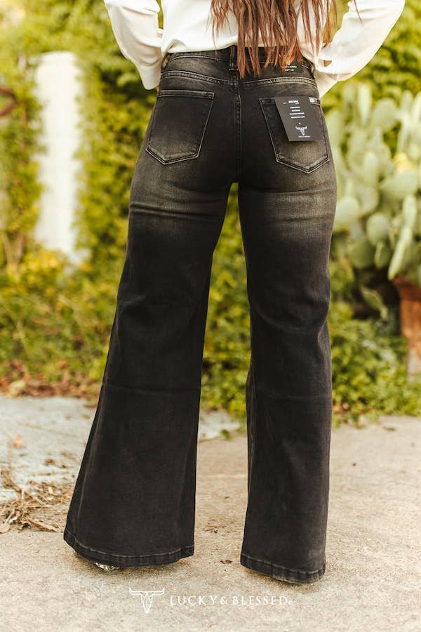 Black Wash High Rise Knee Rip Wide Leg Jeans