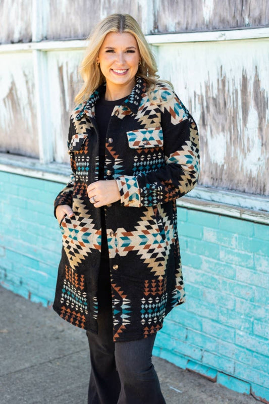 WESTERN AZTEC PATTERN LONG JACKET- Black