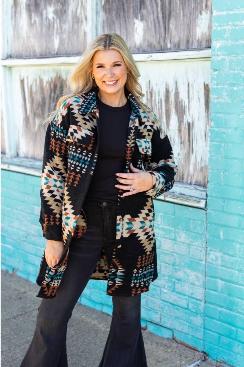 WESTERN AZTEC PATTERN LONG JACKET- Black