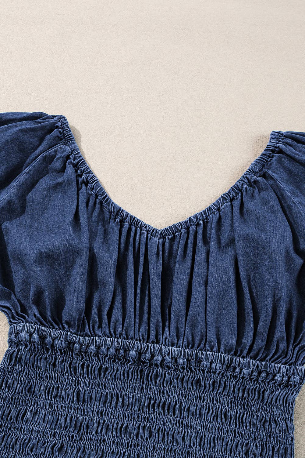 Smocked Ruffled Puff Sleeve V Neck Denim Blouse