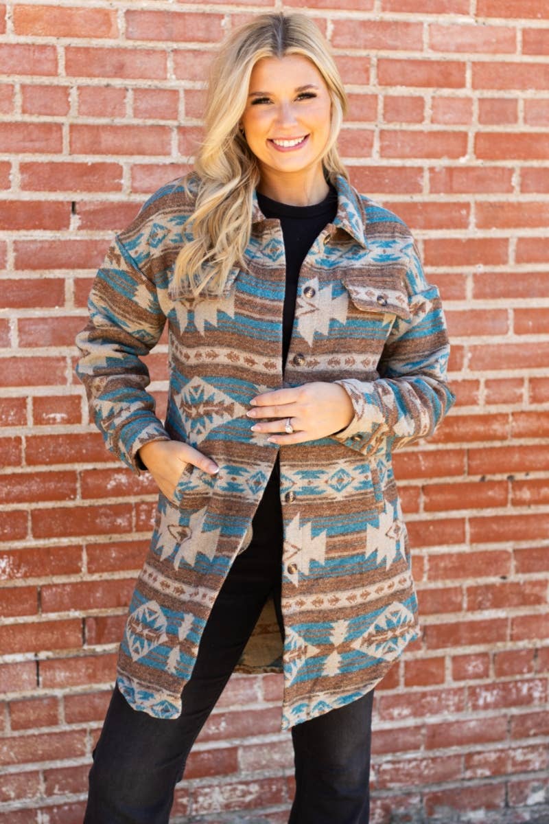 WESTERN AZTEC PATTERN LONG JACKET- Tan