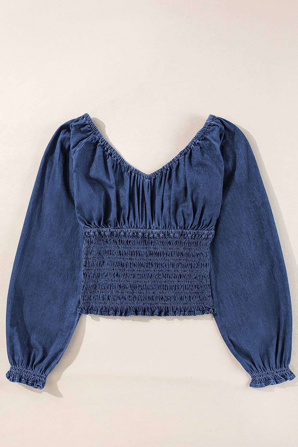 Smocked Ruffled Puff Sleeve V Neck Denim Blouse