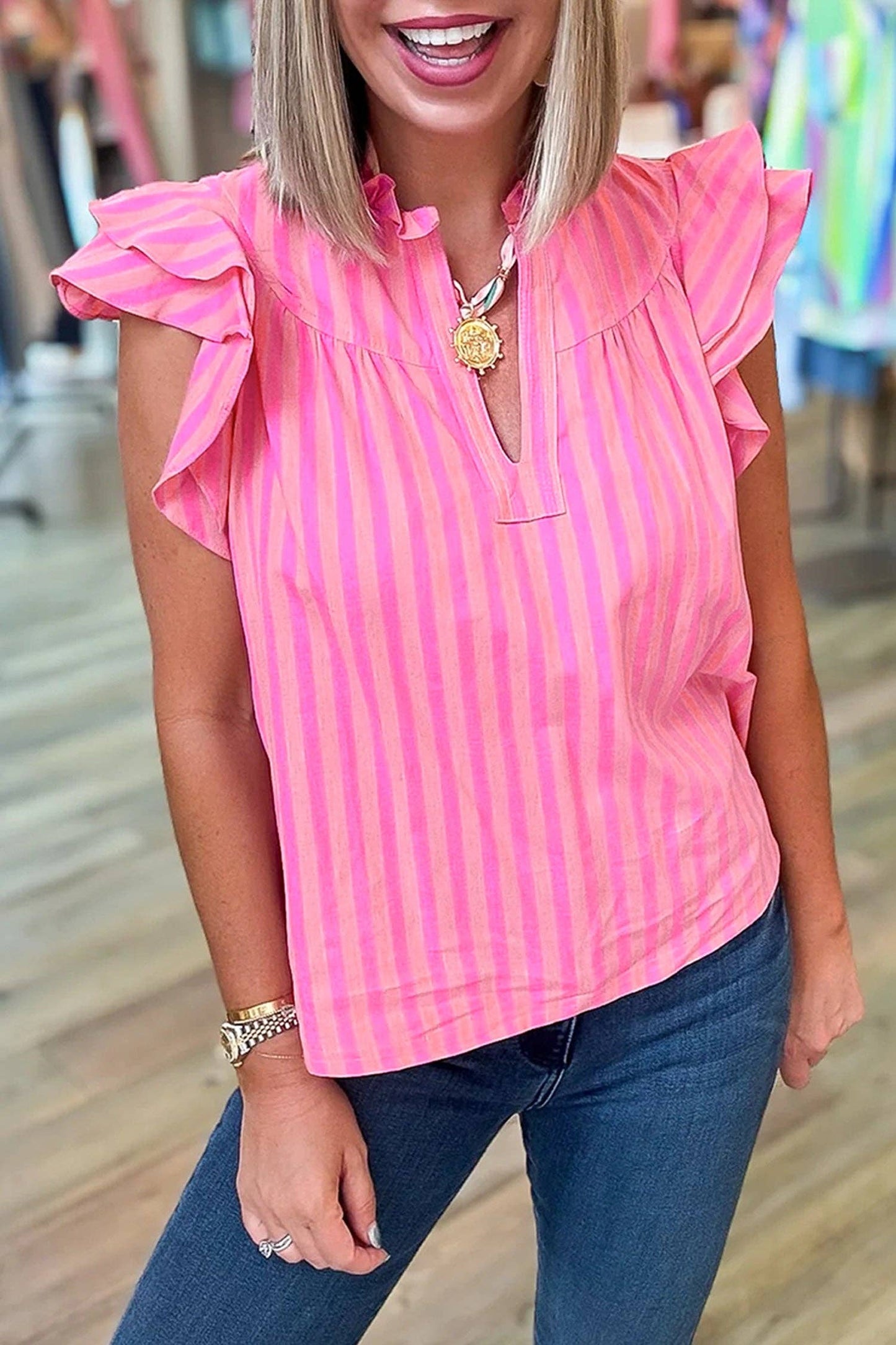 Pink Stripe Ruffle Blouse