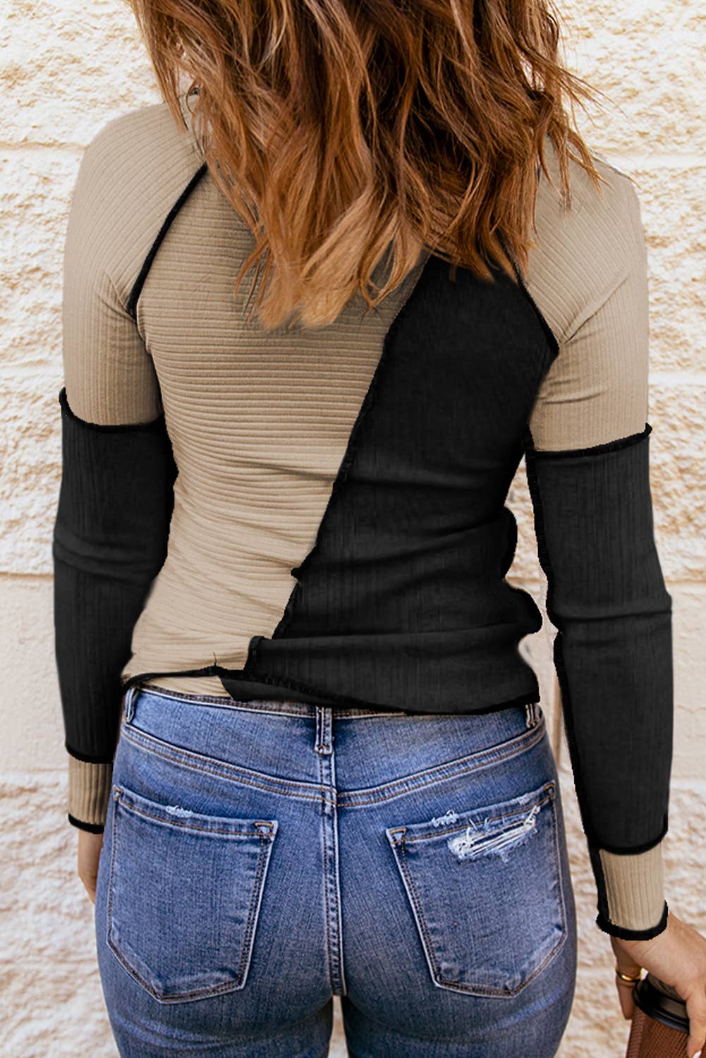 Color Block Seaming Trim Rib Knit Top