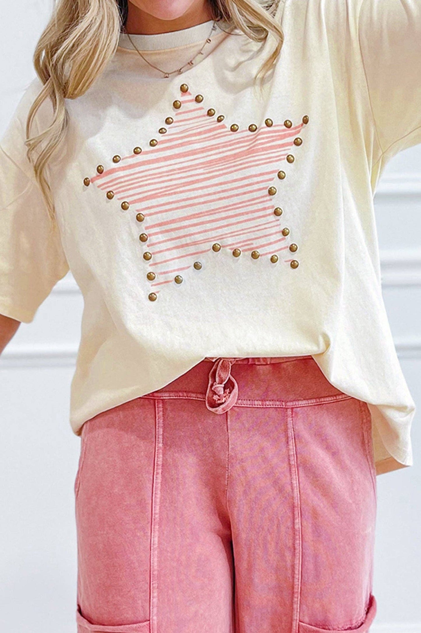 Beige Star Stud Detail Tee