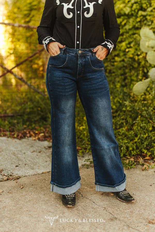 Dark Wash Cuffed Wide Jeans