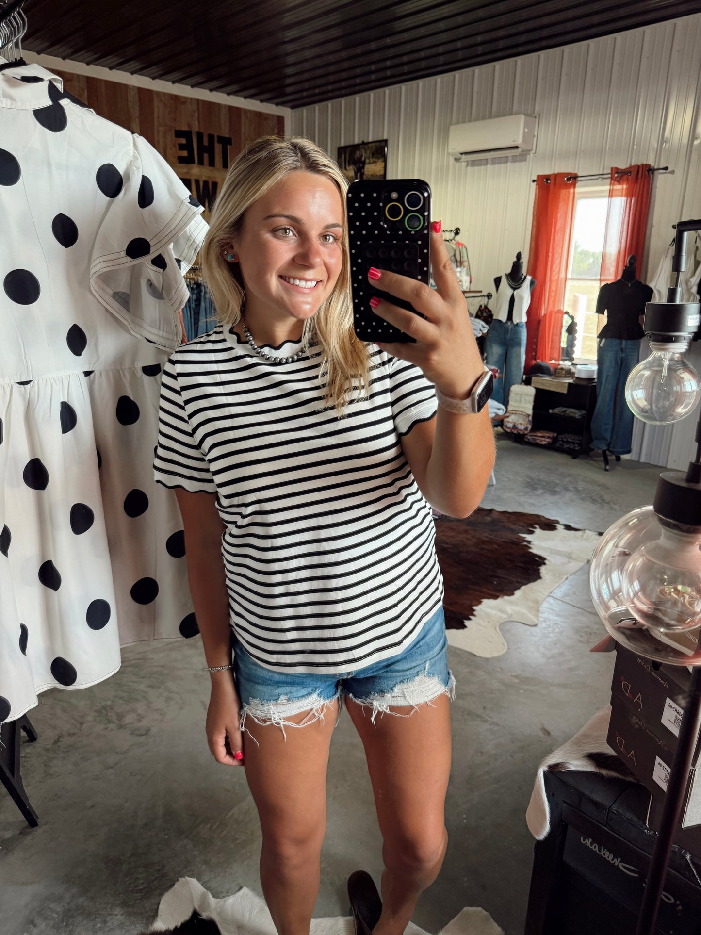 Red & Black Stripe Scalloped Trim Tee