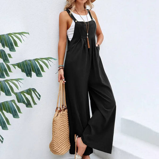 Breezy Black Wide-Leg Overall Jumpsuit