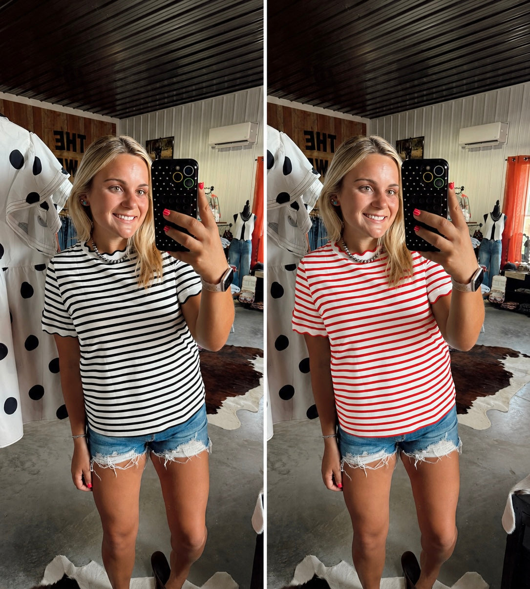Red & Black Stripe Scalloped Trim Tee