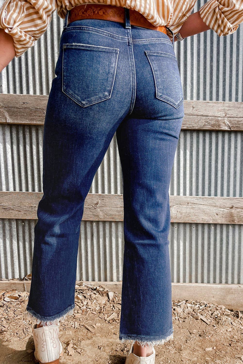 Blue Raw Hem High Waist Flared