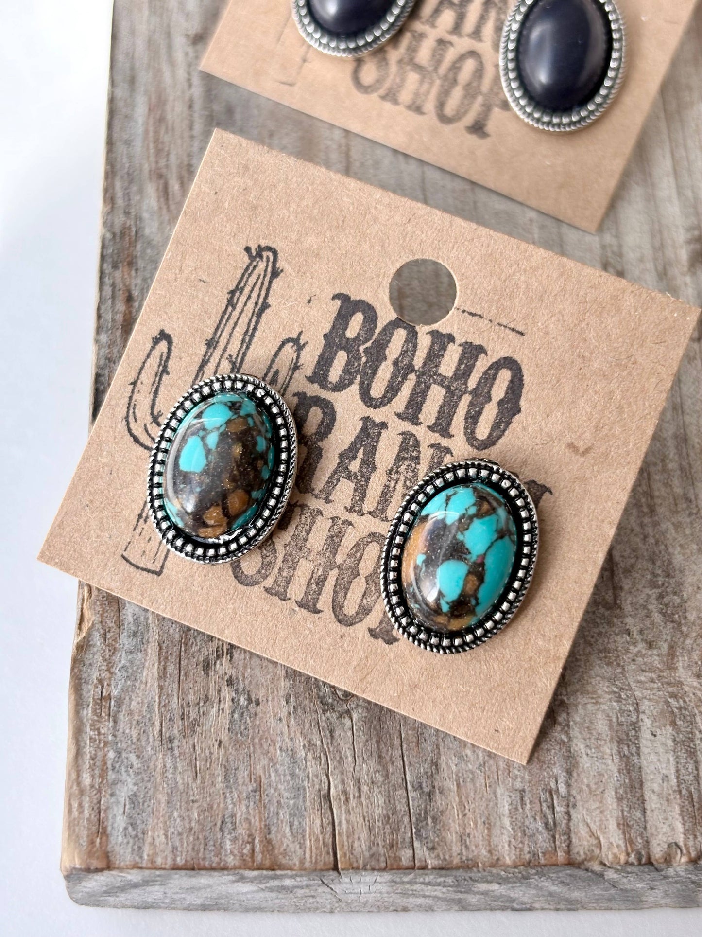 Western Style Oval Turquoise Stone Concho Stud Earrings