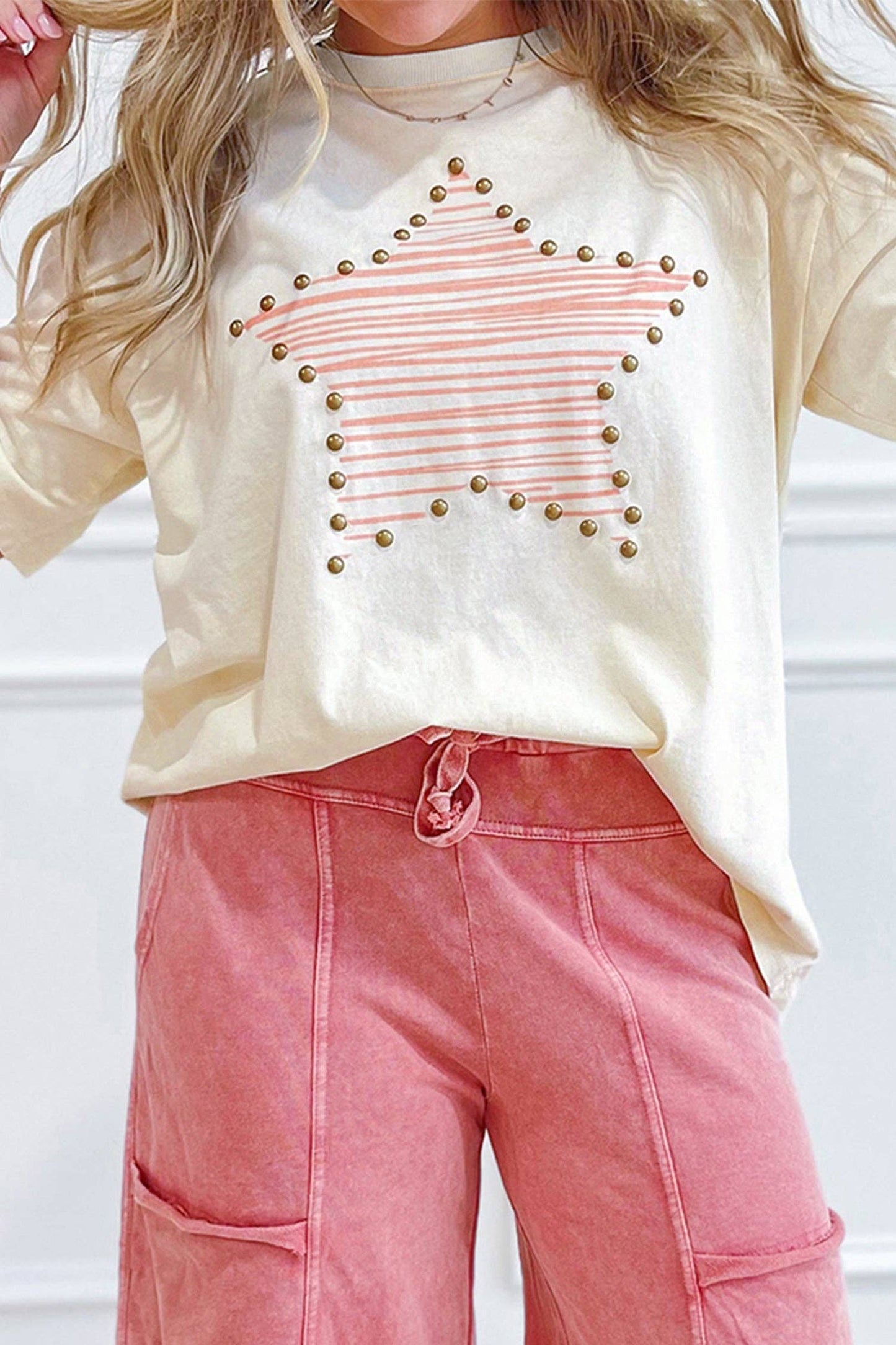 Beige Star Stud Detail Tee