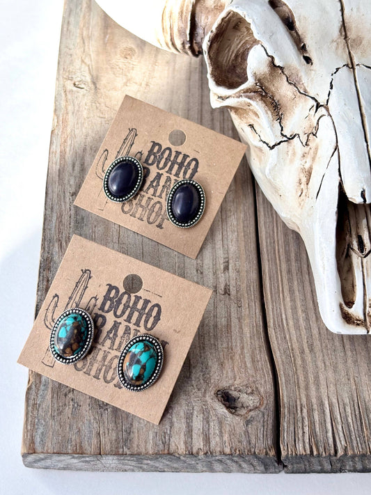 Western Style Oval Turquoise Stone Concho Stud Earrings