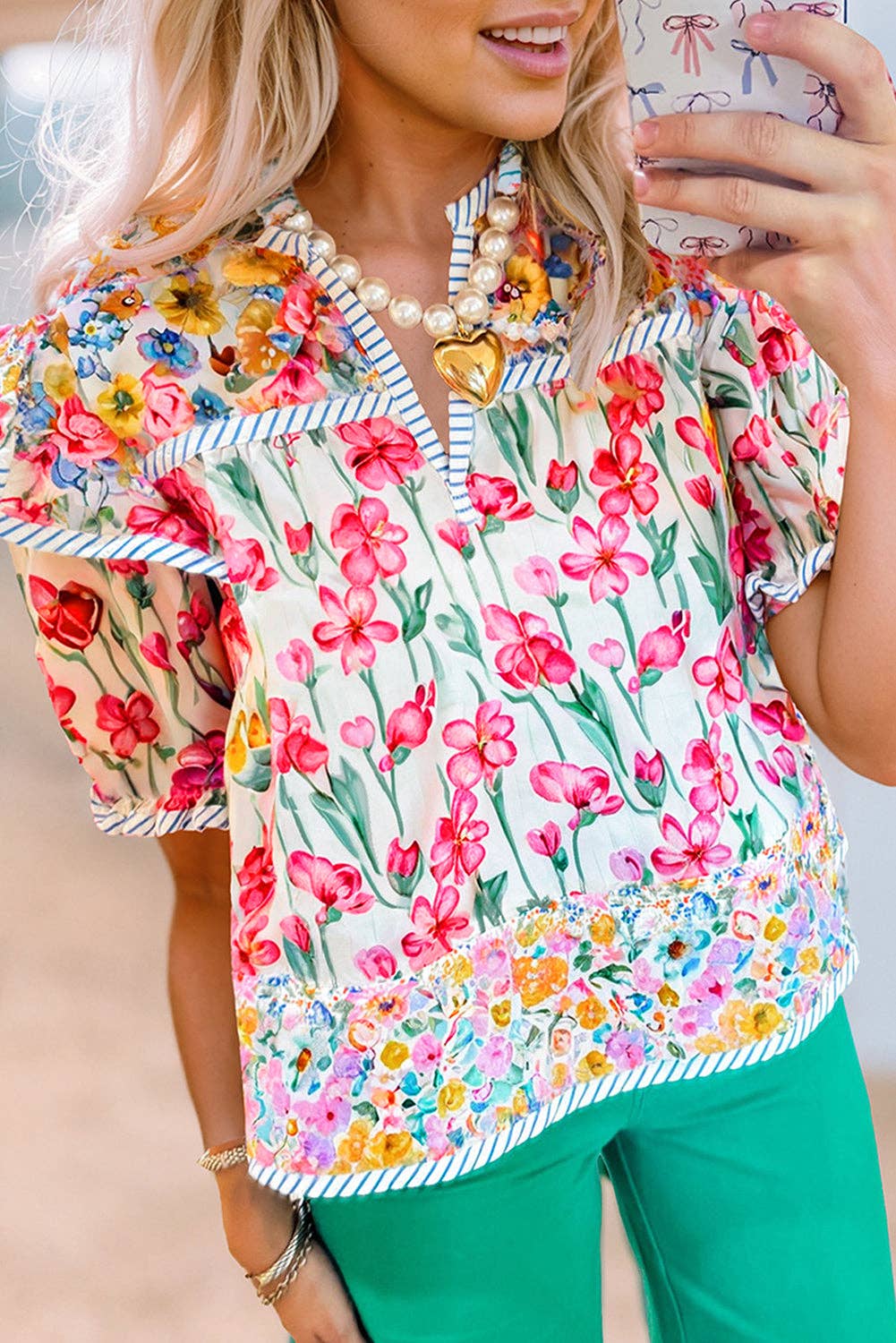 Pink Floral Print Striped Blouse