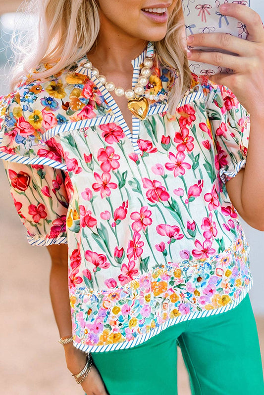 Pink Floral Print Striped Blouse