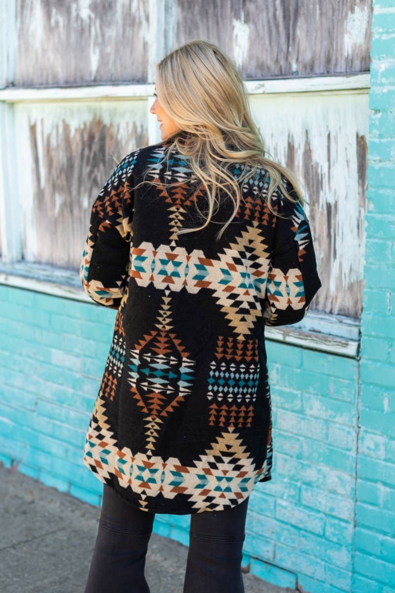 WESTERN AZTEC PATTERN LONG JACKET- Black