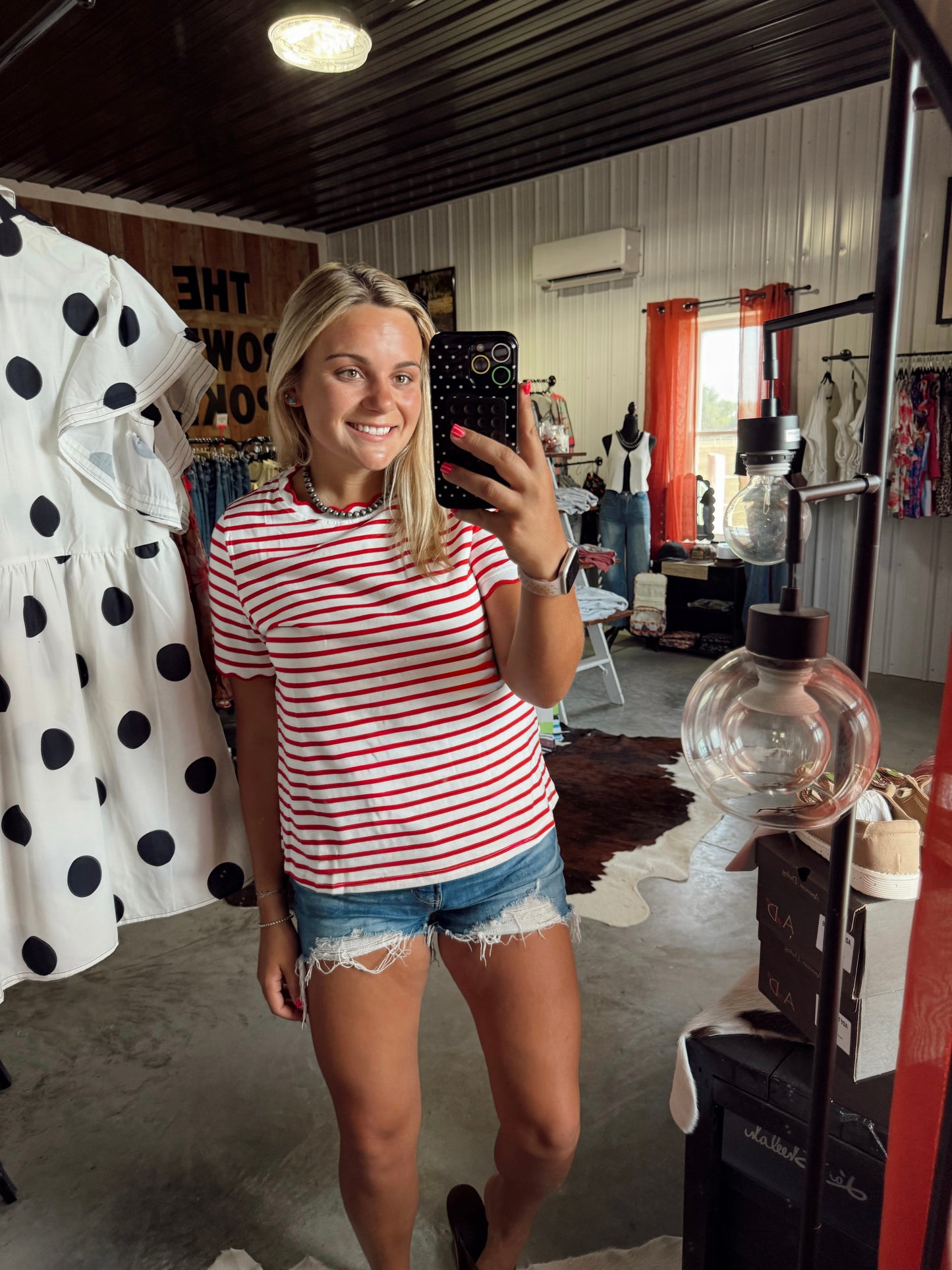 Red & Black Stripe Scalloped Trim Tee