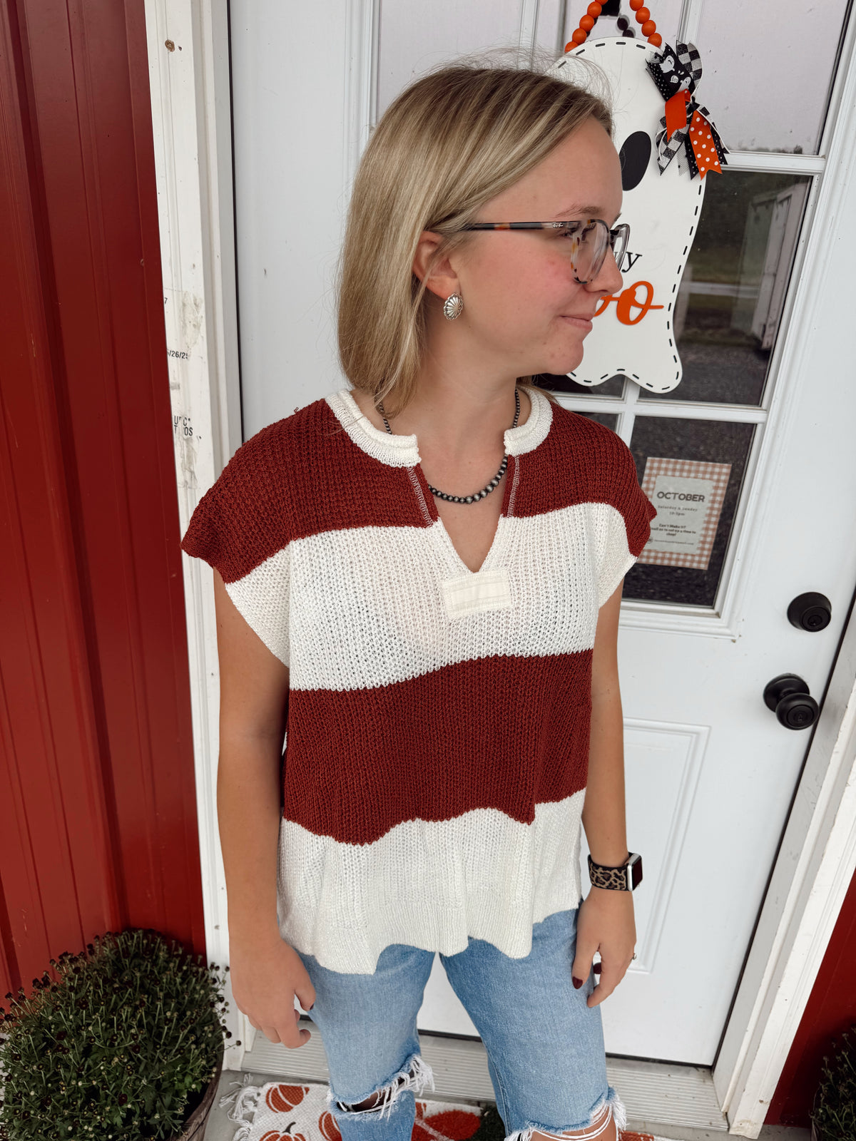 Striped Knit V Neck