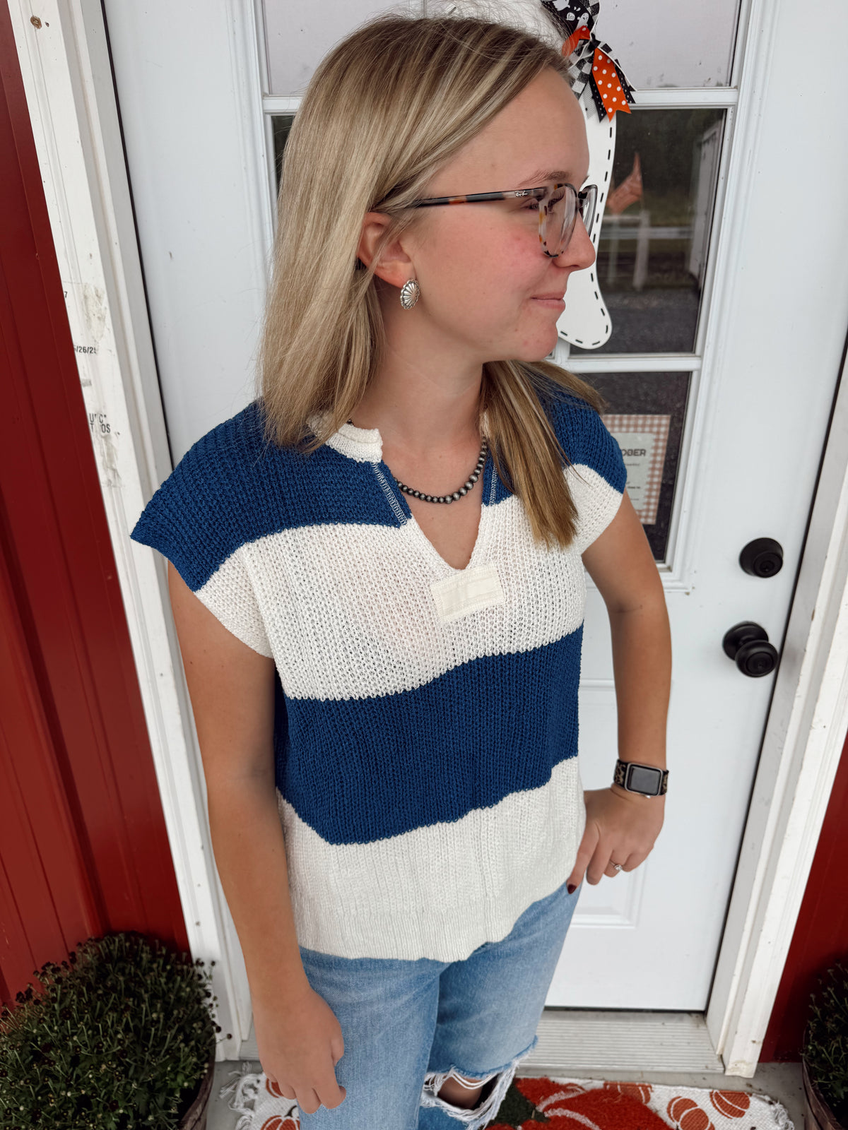 Striped Knit V Neck