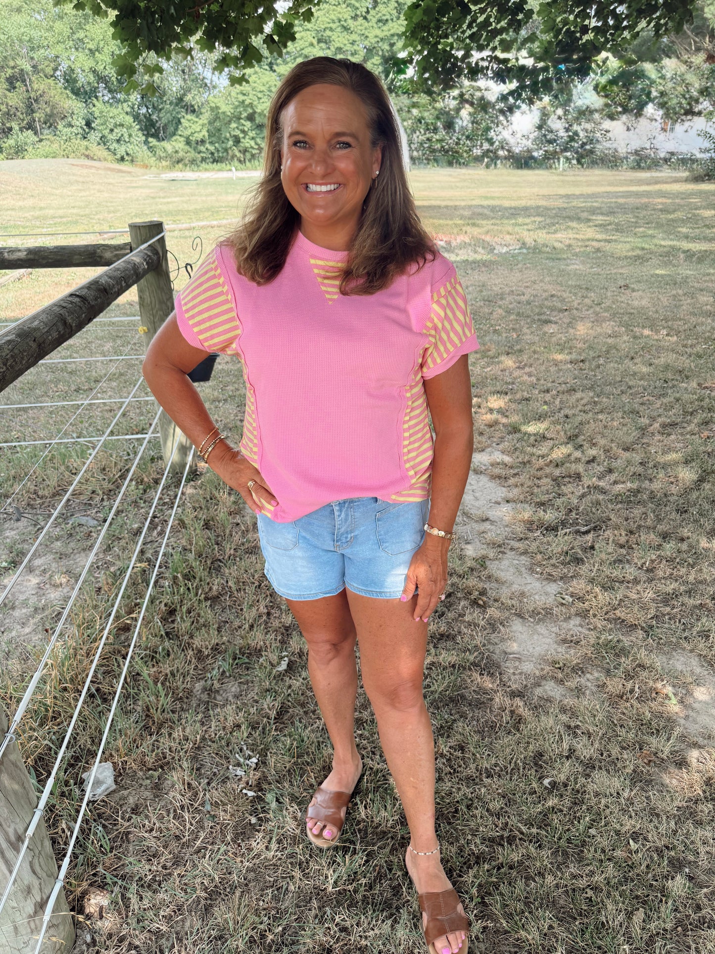 Pink Waffle Striped Tee