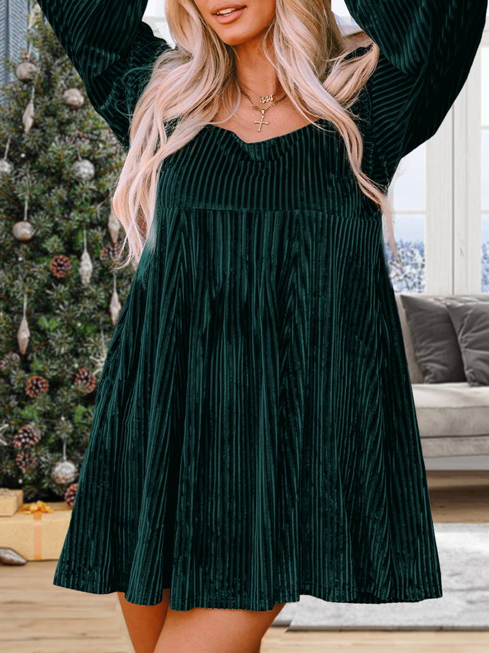 Evergreen Velvet Babydoll Dress