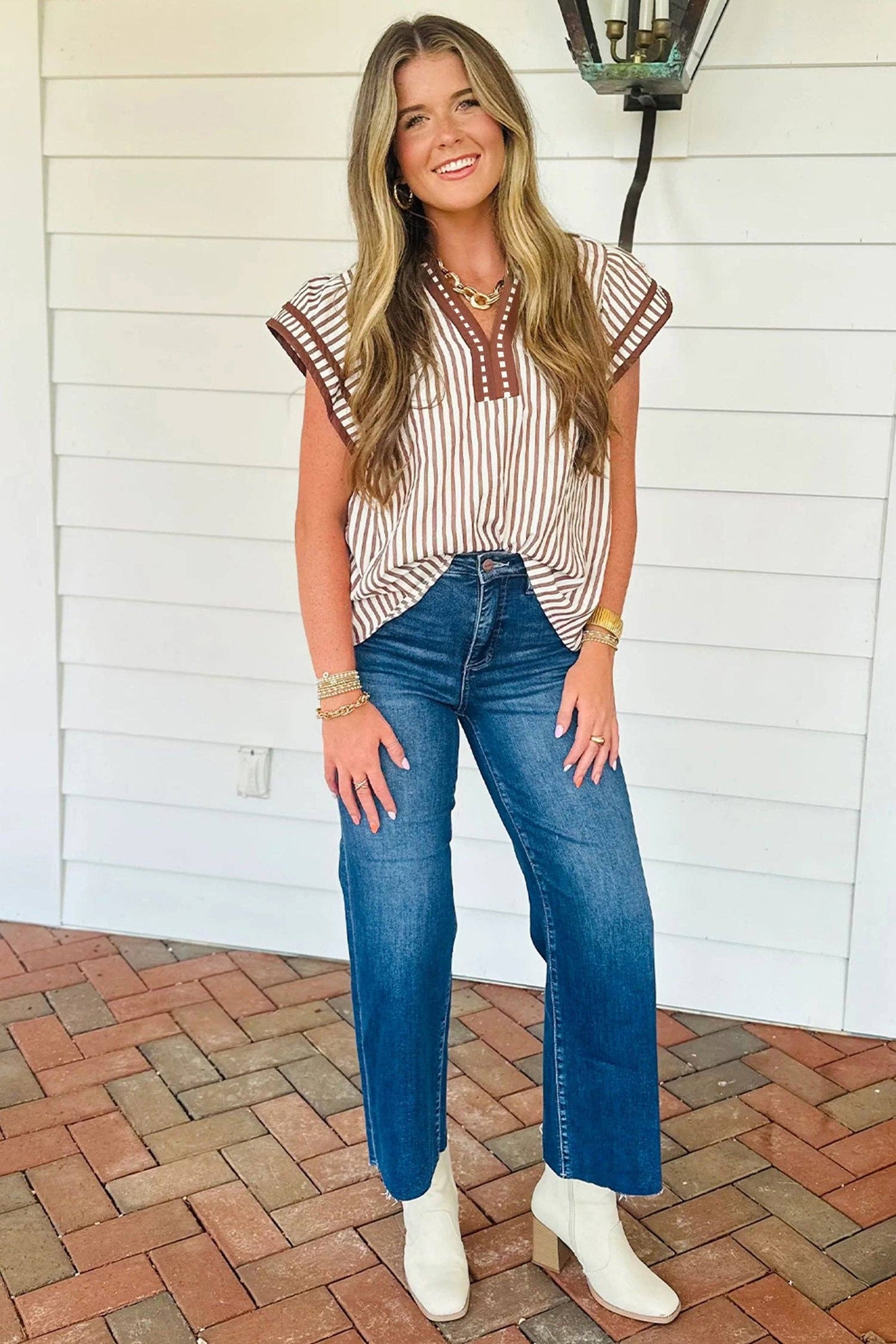 Khaki Stripe Double RuffledBlouse