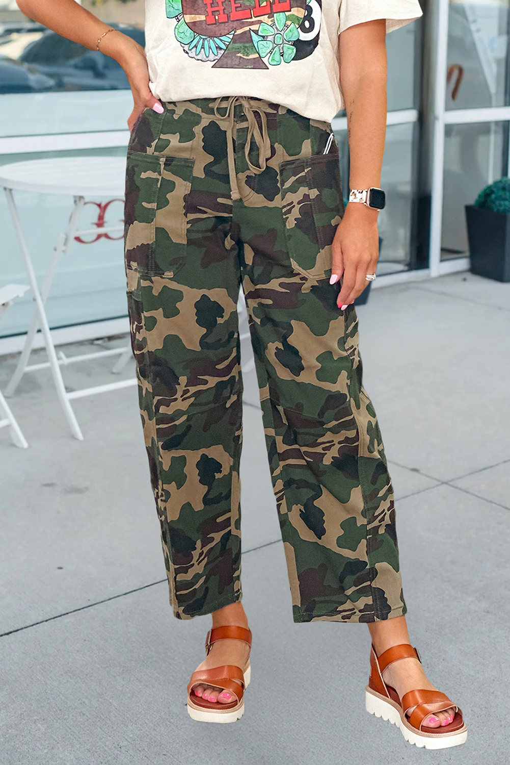 Camouflage Drawstring Barrel Jeans