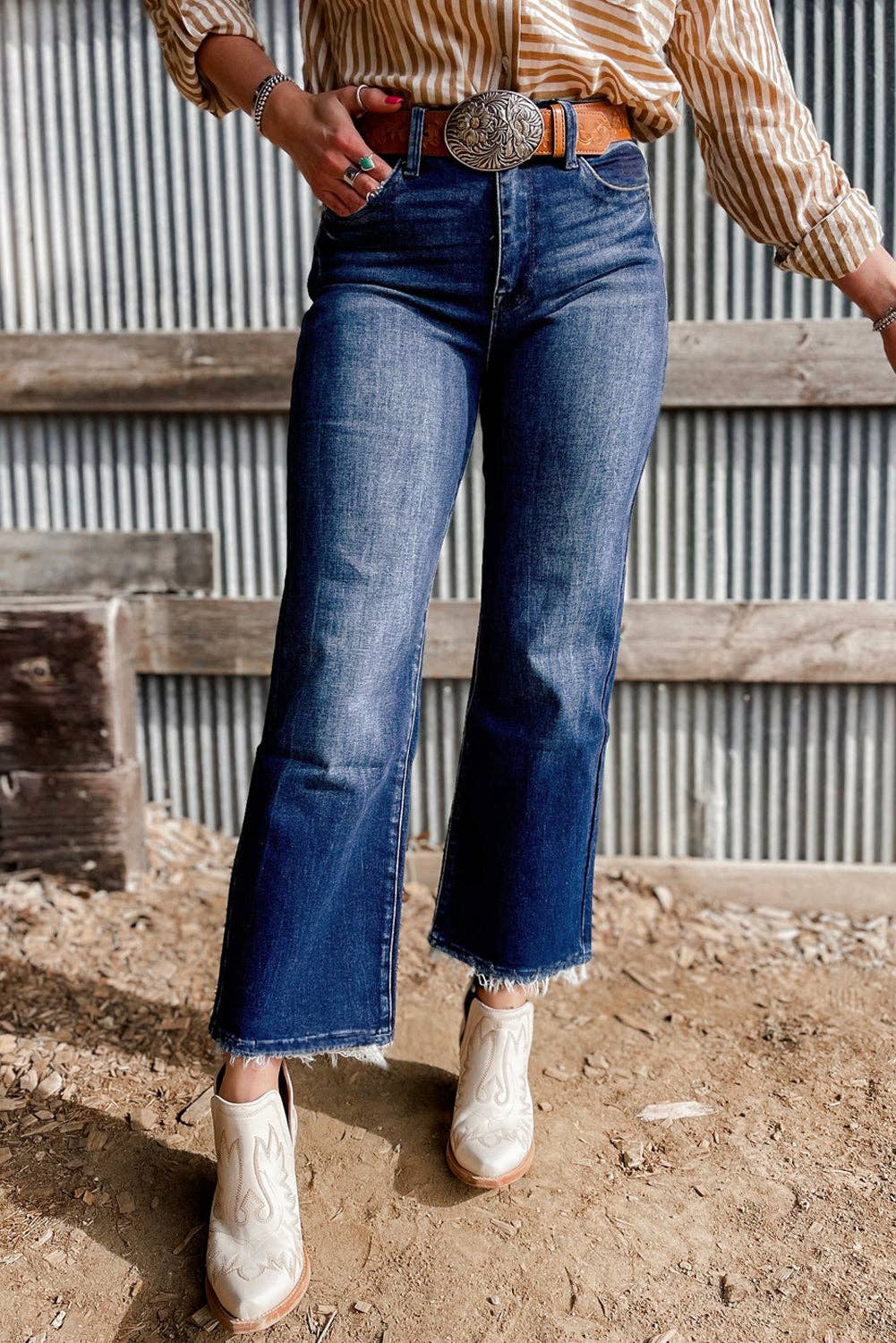 Blue Raw Hem High Waist Flared