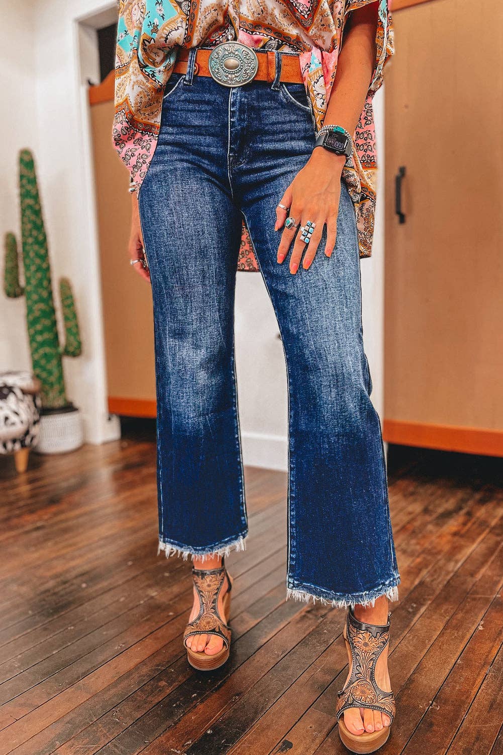 Blue Raw Hem High Waist Flared