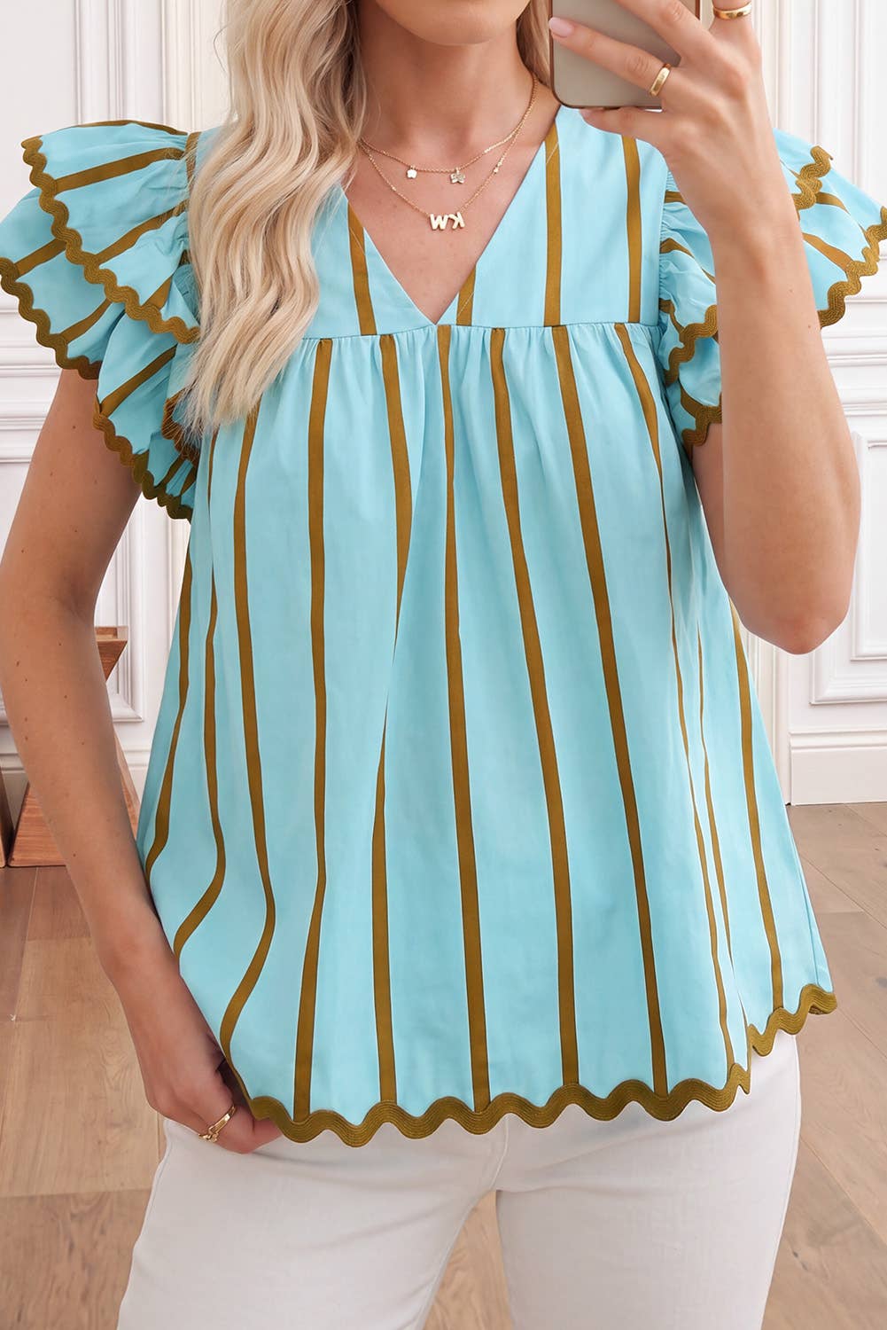Blue Scallop Trim Blouse