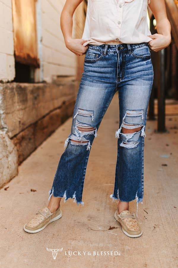 Distressed High Rise Slim Flare Cropped Jeans