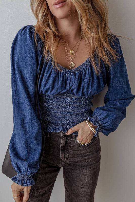 Smocked Ruffled Puff Sleeve V Neck Denim Blouse