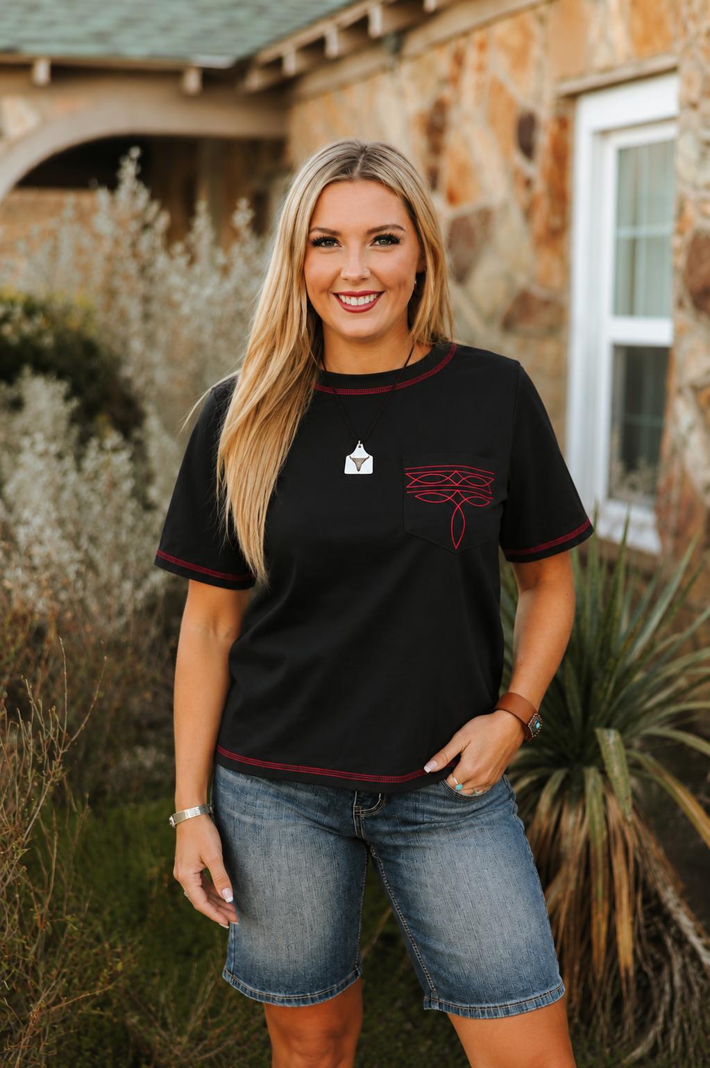 Red Boot-stitch Pocket Tee