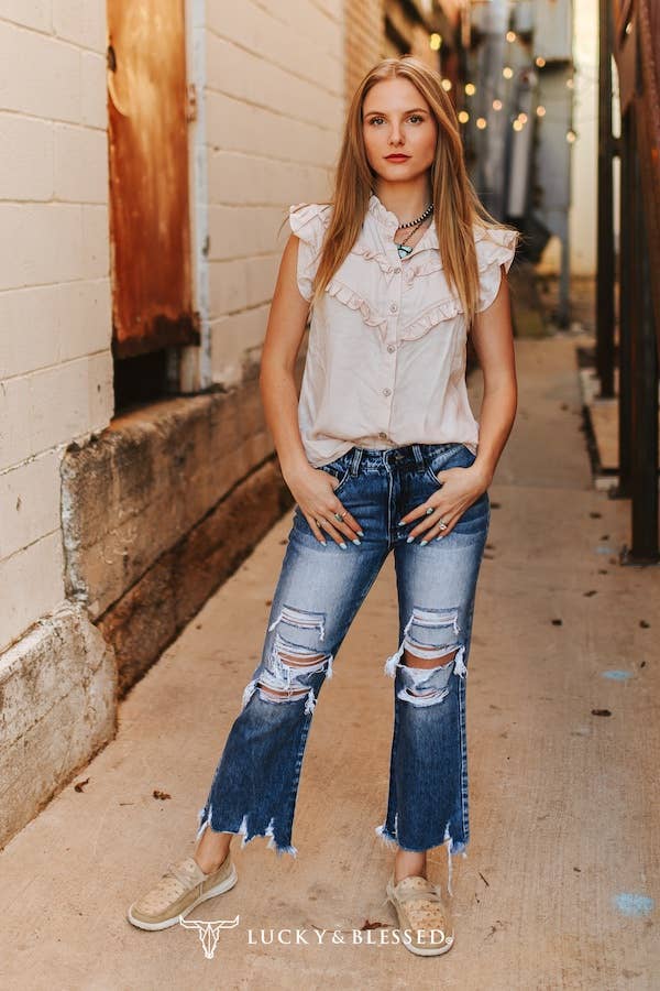 Distressed High Rise Slim Flare Cropped Jeans