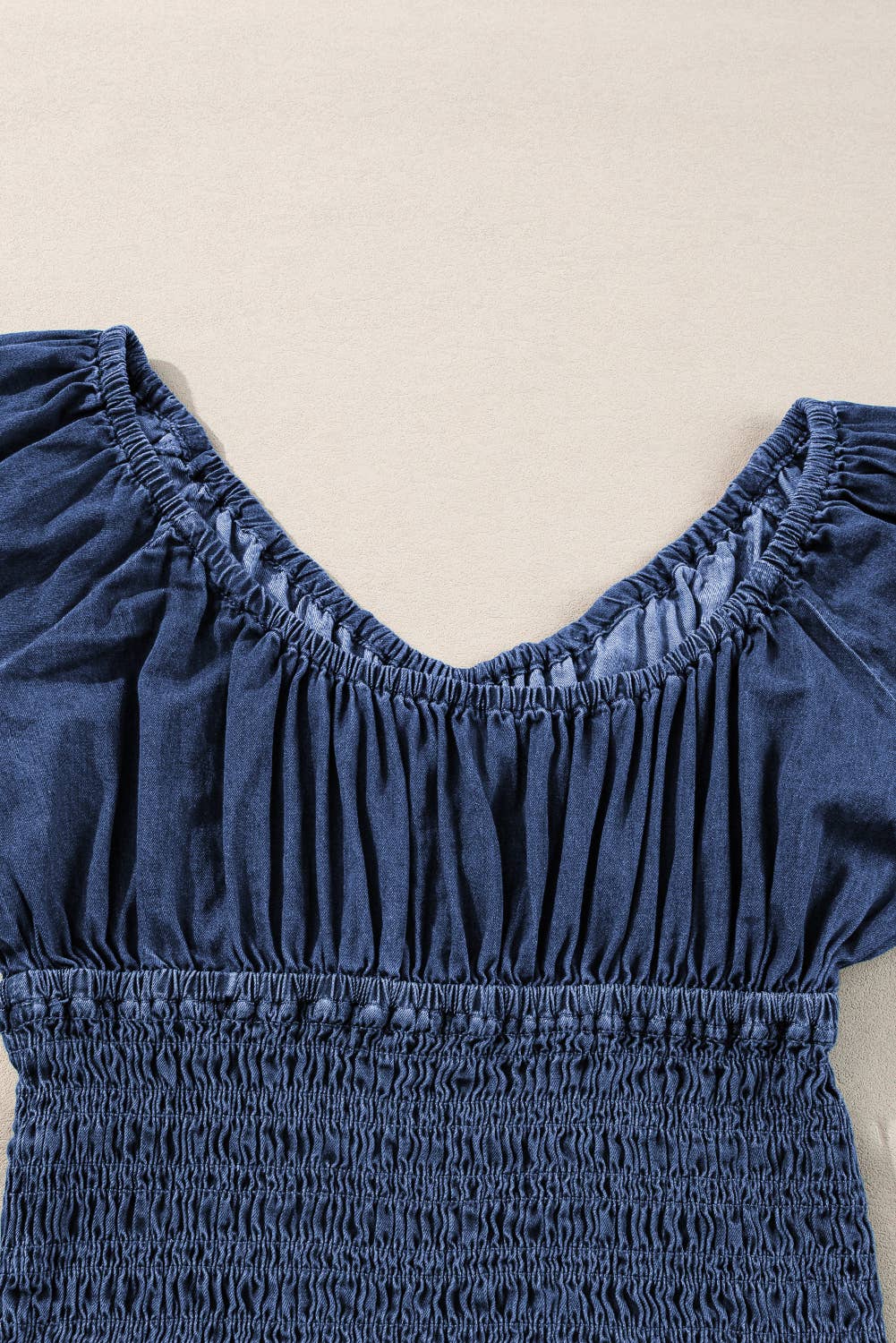 Smocked Ruffled Puff Sleeve V Neck Denim Blouse
