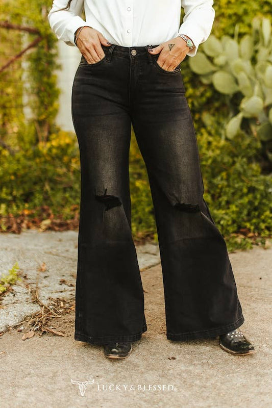 Black Wash High Rise Knee Rip Wide Leg Jeans